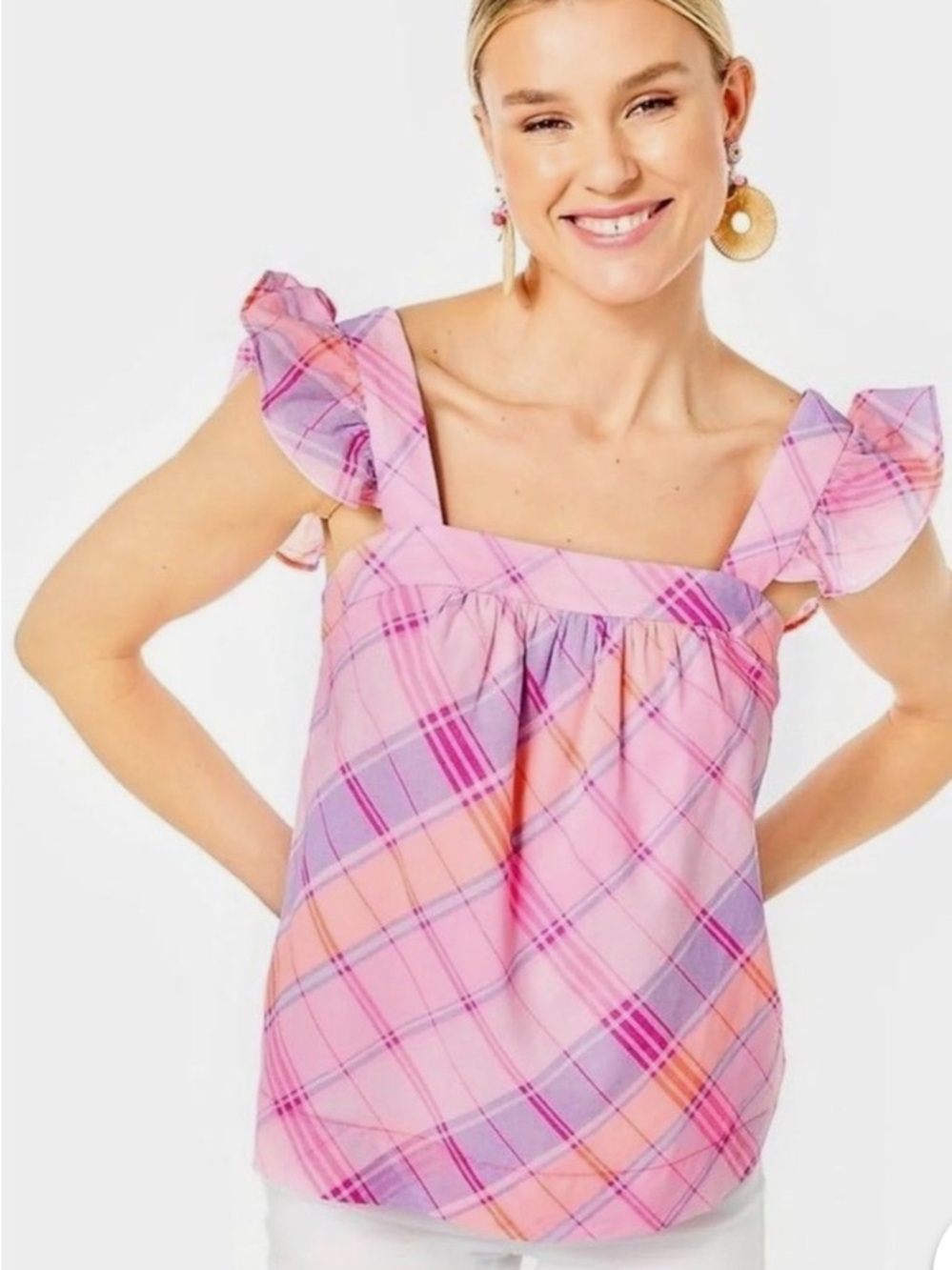 Lilly Pulitzer Reyna Top Pink Isle Madras Plaid Print Ruffle Tank